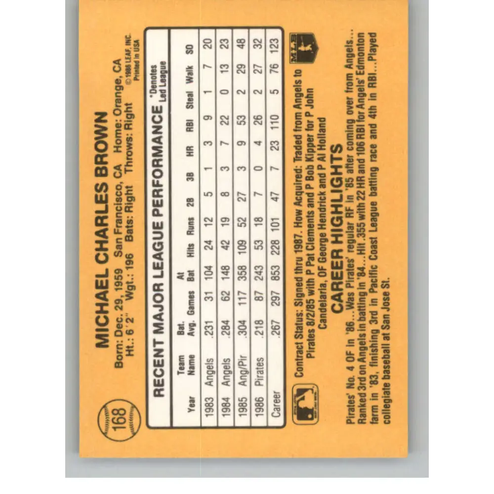 1987 Donruss #168 Mike Brown EX Pittsburgh Pirates Baseball Card Image 2