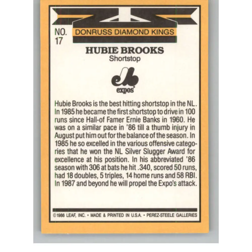 1987 Donruss #17 Hubie Brooks EX Excellent Montreal Expos Baseball Card  Image 2
