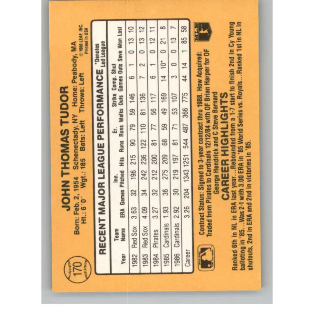 1987 Donruss #170 John Tudor EX Excellent St. Louis Cardinals Baseball Card  Image 2