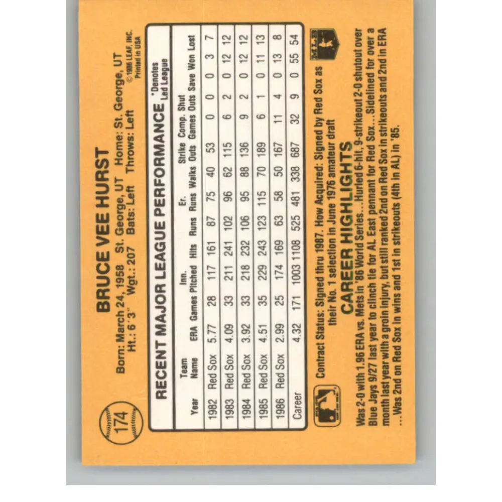 1987 Donruss #174 Bruce Hurst EX Excellent Boston Red Sox Baseball Card  Image 2