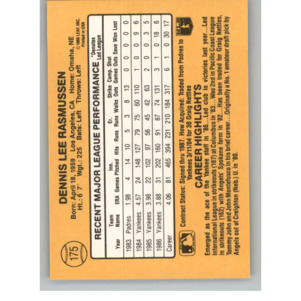 1987 Donruss #175 Dennis Rasmussen EX Excellent New York Yankees Baseball Card  Image 2