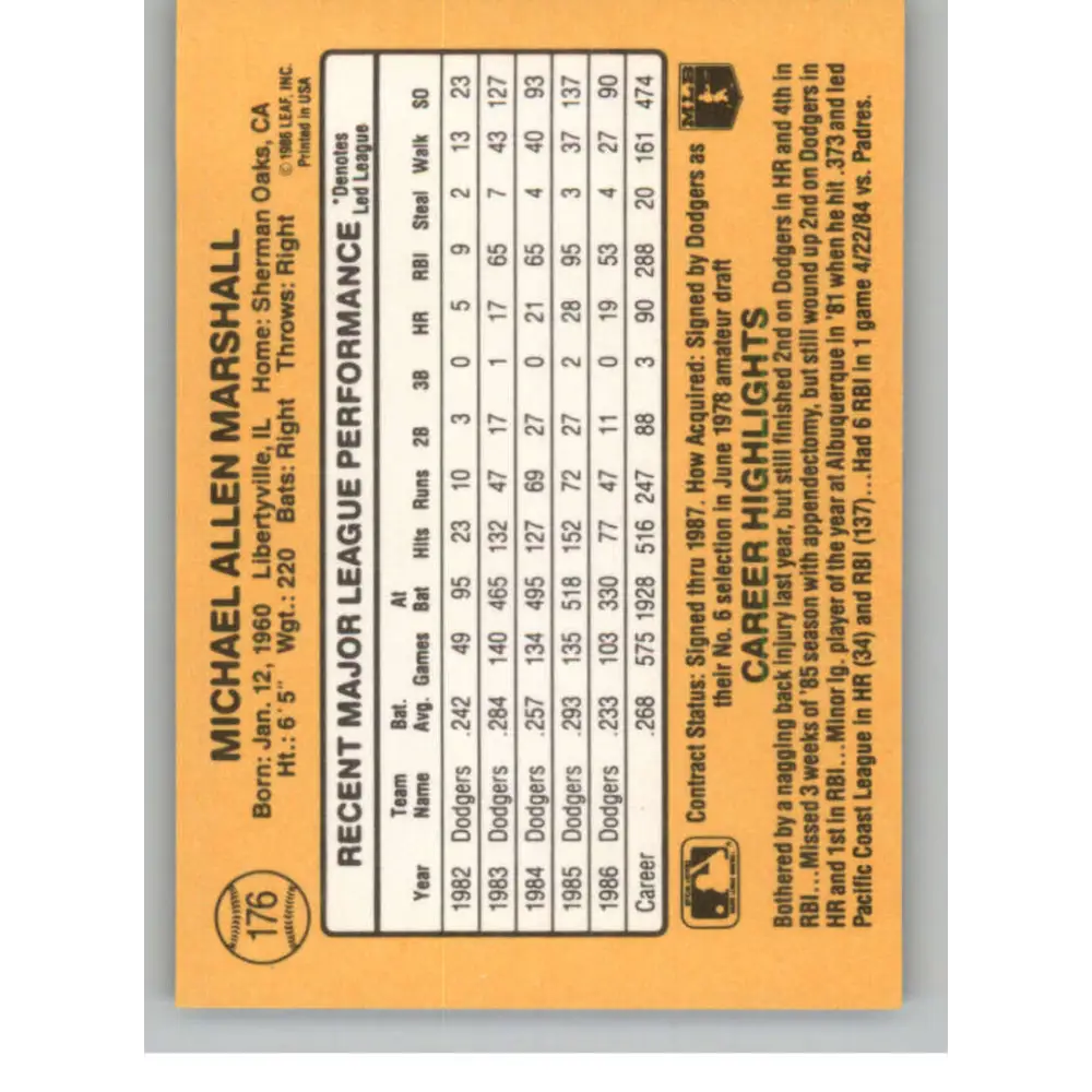 1987 Donruss #176 Mike Marshall EX Excellent Los Angeles Dodgers Baseball Card  Image 2