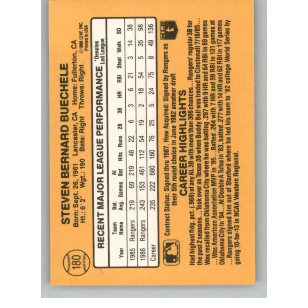1987 Donruss #180 Steve Buechele EX Excellent Texas Rangers Baseball Card  Image 2