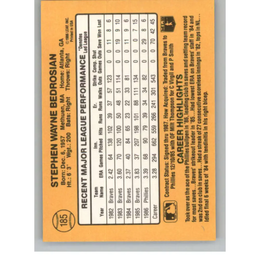1987 Donruss #185 Steve Bedrosian EX Excellent Philadelphia Phillies Baseball Card  Image 2
