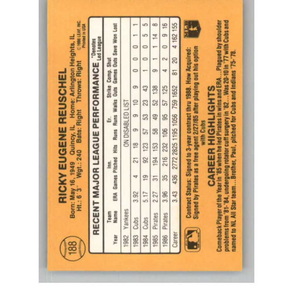 1987 Donruss #188 Rick Reuschel EX Excellent Pittsburgh Pirates Baseball Card  Image 2