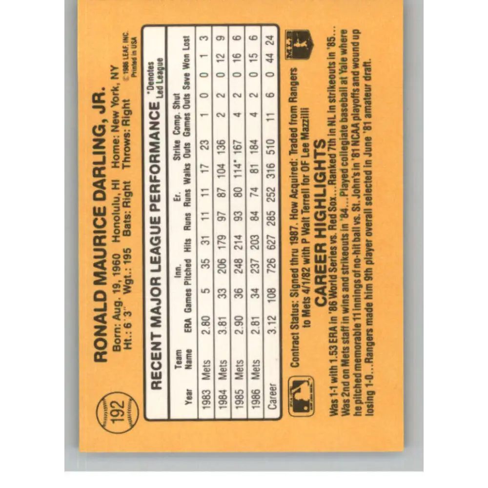 1987 Donruss #192 Ron Darling EX Excellent New York Mets Baseball Card  Image 2
