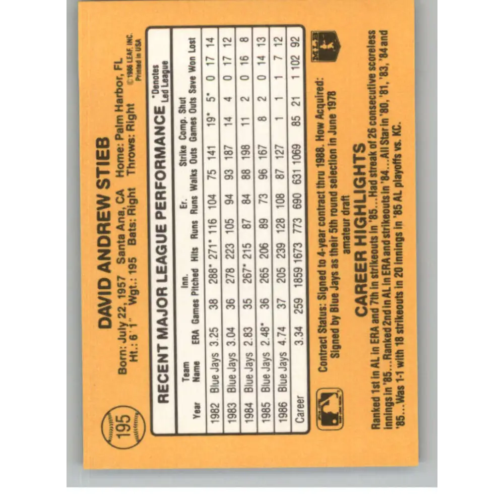 1987 Donruss #195 Dave Stieb EX Excellent Toronto Blue Jays Baseball Card  Image 2
