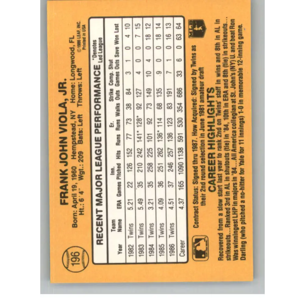 1987 Donruss #196 Frank Viola EX Excellent Minnesota Twins Baseball Card  Image 2