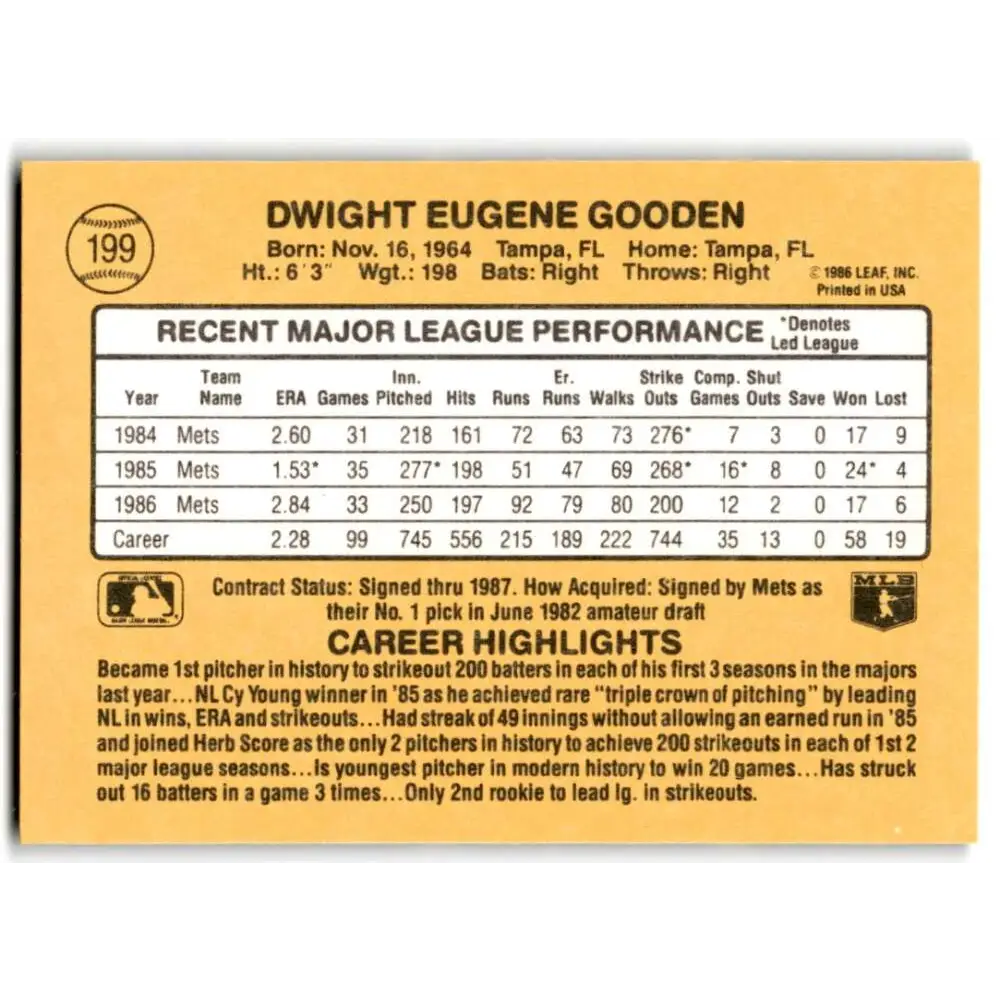 1987 Donruss #199 Dwight Gooden EX Excellent New York Mets Baseball Card  Image 2