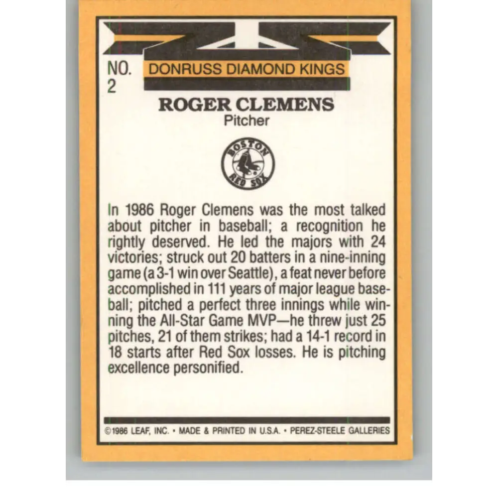 1987 Donruss #2 Roger Clemens EX Excellent Boston Red Sox Baseball Card  Image 2