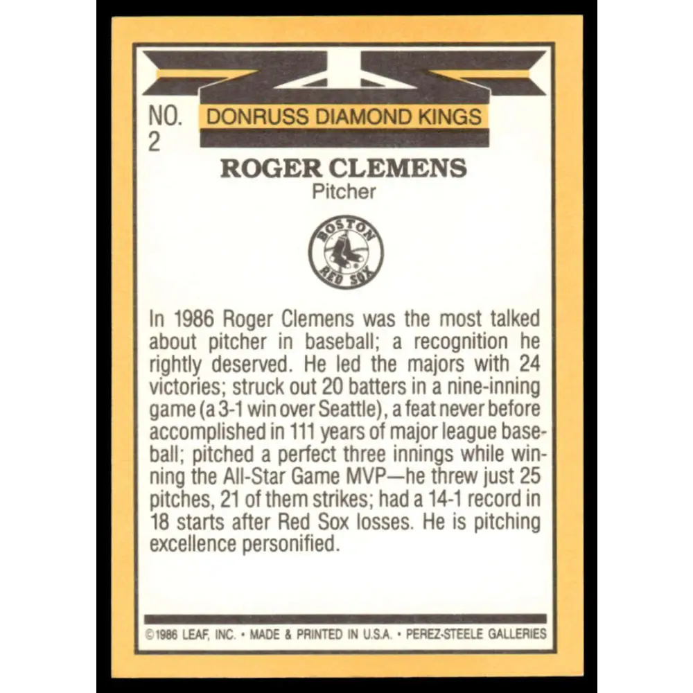 1987 Donruss #2 Roger Clemens EX/NM Boston Red Sox Baseball Card Image 2