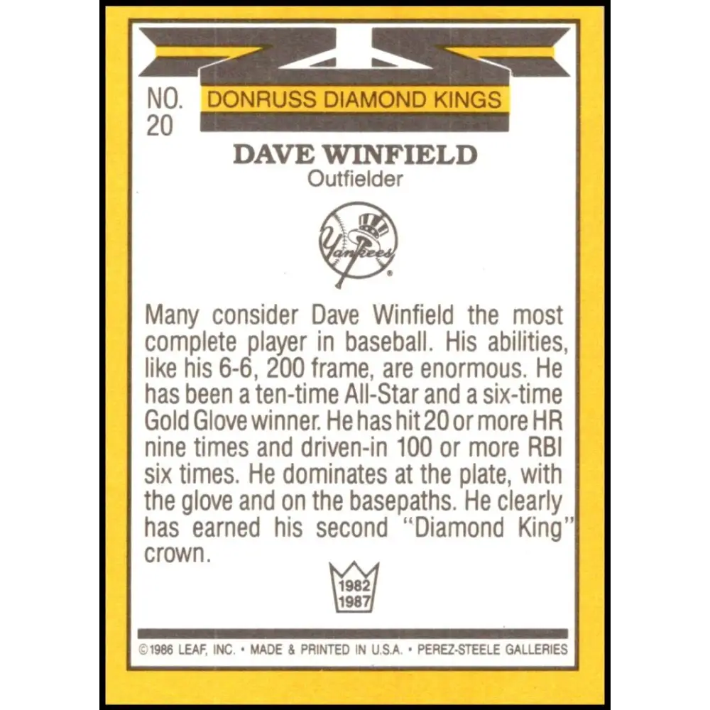 1987 Donruss #20 Dave Winfield EX Excellent New York Yankees Baseball Card  Image 2