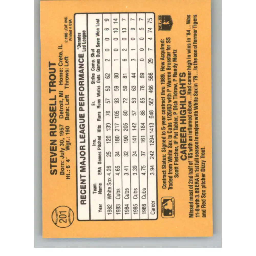 1987 Donruss #201 Steve Trout EX Excellent Chicago Cubs Baseball Card  Image 2
