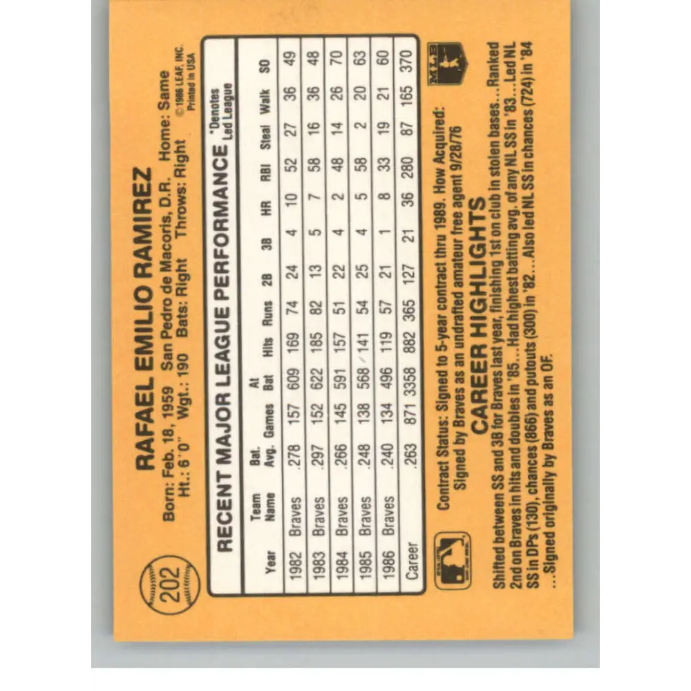 1987 Donruss #202 Rafael Ramirez EX Excellent Atlanta Braves Baseball Card  Image 2