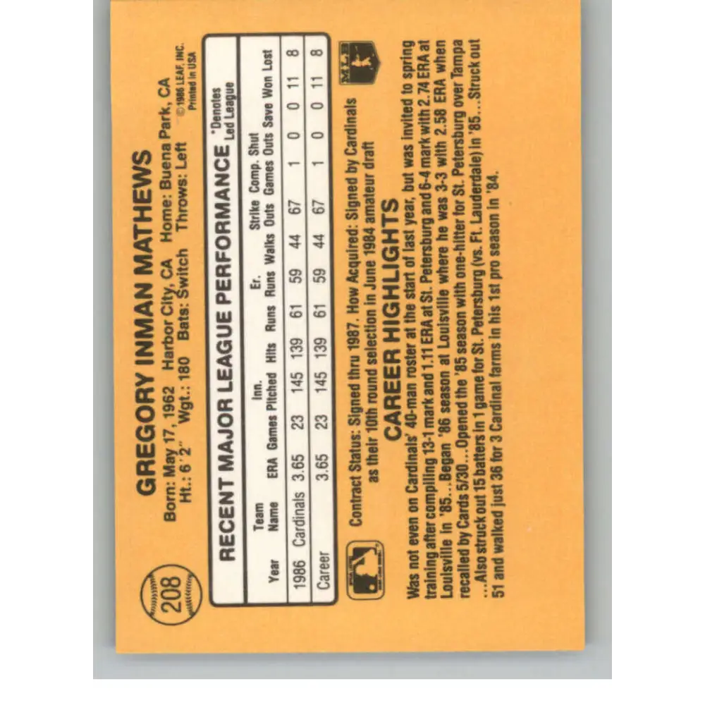 1987 Donruss #208 Greg Mathews EX Excellent RC Rookie St. Louis Cardinals Baseball Card  Image 2