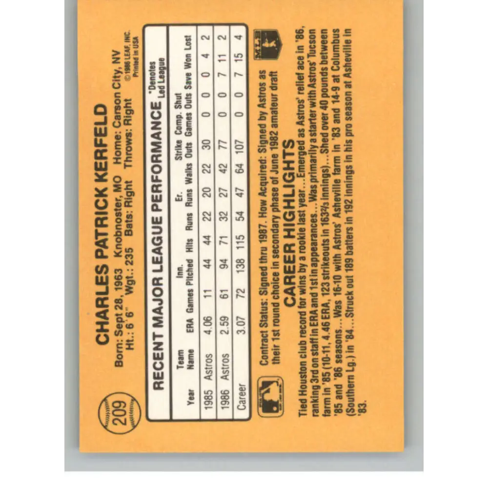 1987 Donruss #209 Charlie Kerfeld EX Excellent Houston Astros Baseball Card  Image 2