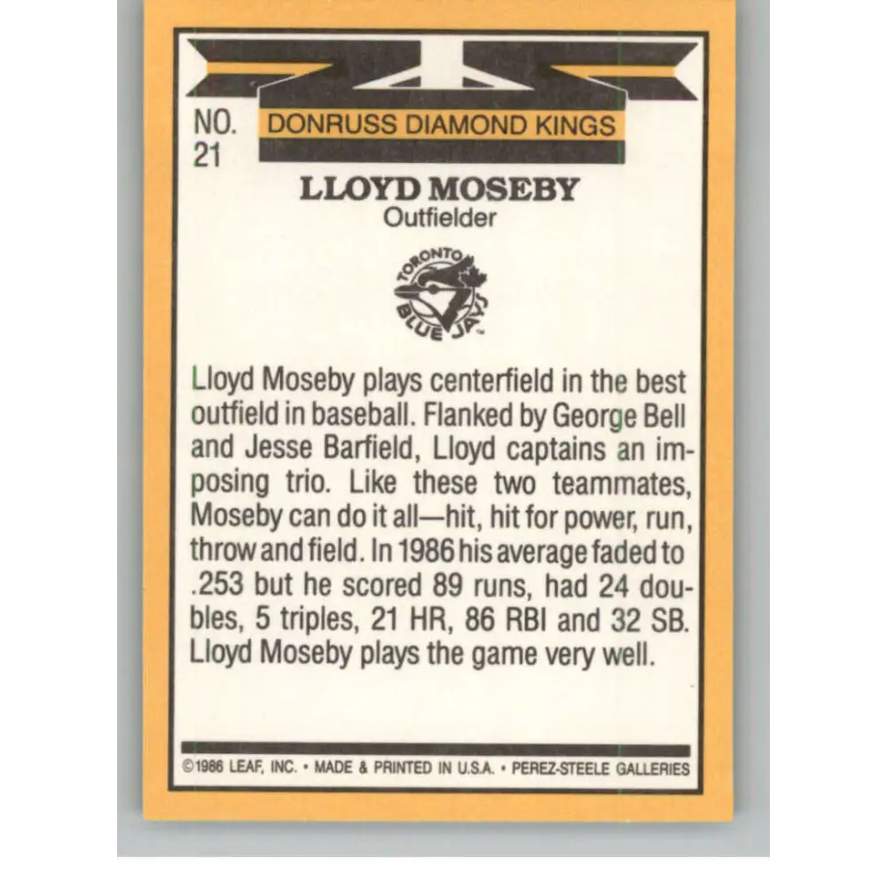 1987 Donruss #21 Lloyd Moseby EX Excellent Toronto Blue Jays Baseball Card  Image 2