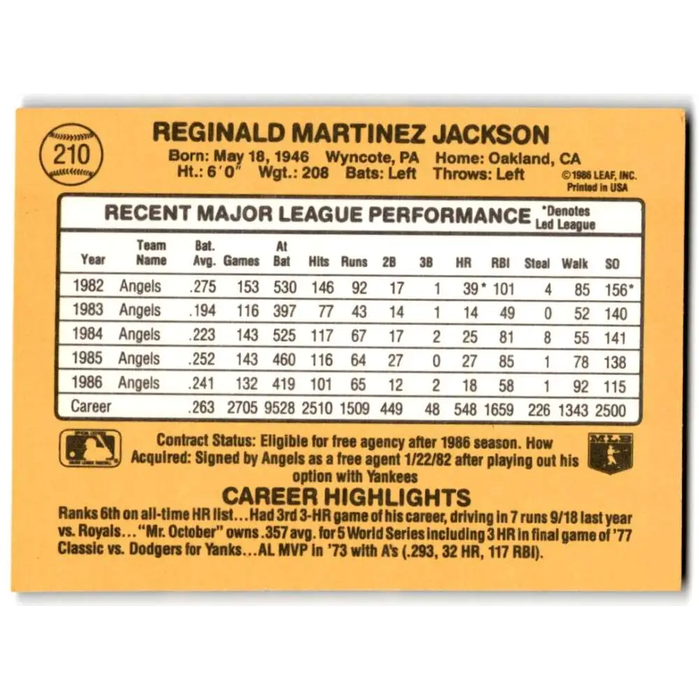 1987 Donruss #210 Reggie Jackson EX Excellent California Angels Baseball Card  Image 2