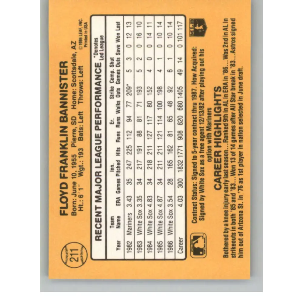 1987 Donruss #211 Floyd Bannister EX Excellent Chicago White Sox Baseball Card  Image 2