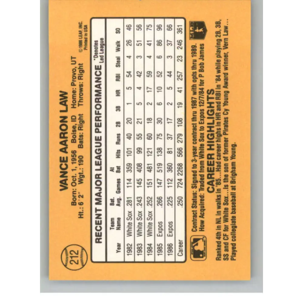 1987 Donruss #212 Vance Law EX Excellent Montreal Expos Baseball Card  Image 2