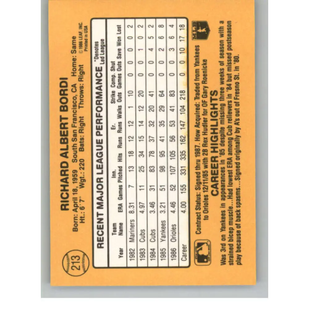 1987 Donruss #213 Rich Bordi EX Excellent Baltimore Orioles Baseball Card  Image 2