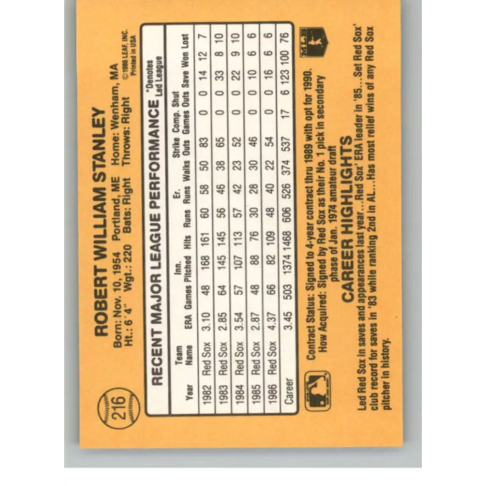 1987 Donruss #216 Bob Stanley EX Excellent Boston Red Sox Baseball Card  Image 2
