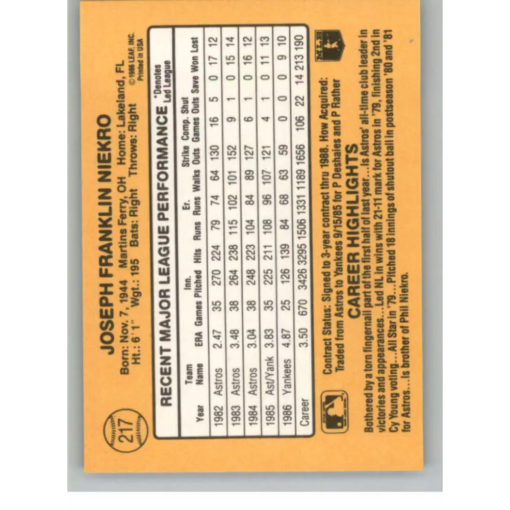 1987 Donruss #217 Joe Niekro EX Excellent New York Yankees Baseball Card  Image 2