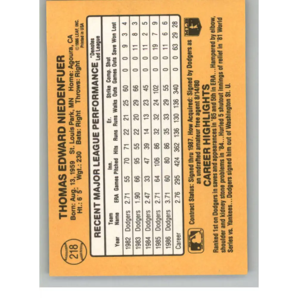 1987 Donruss #218 Tom Niedenfuer EX Excellent Los Angeles Dodgers Baseball Card  Image 2