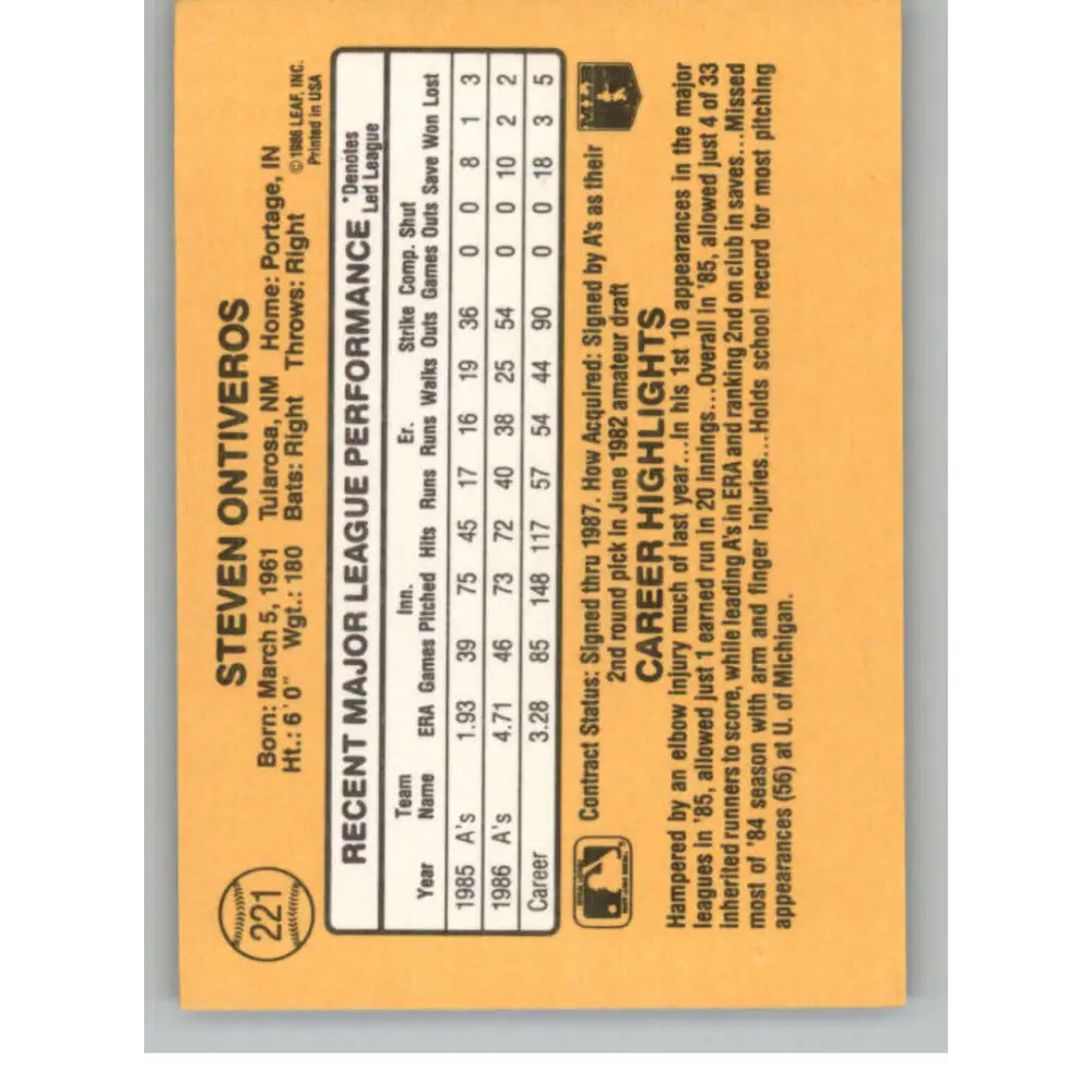 1987 Donruss #221 Steve Ontiveros EX Excellent Oakland Athletics Baseball Card  Image 2