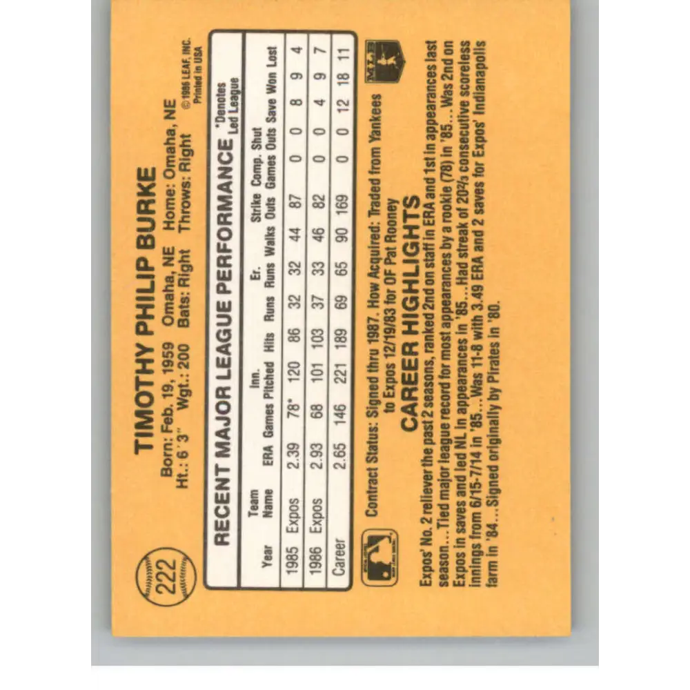 1987 Donruss #222 Tim Burke EX Excellent Montreal Expos Baseball Card  Image 2