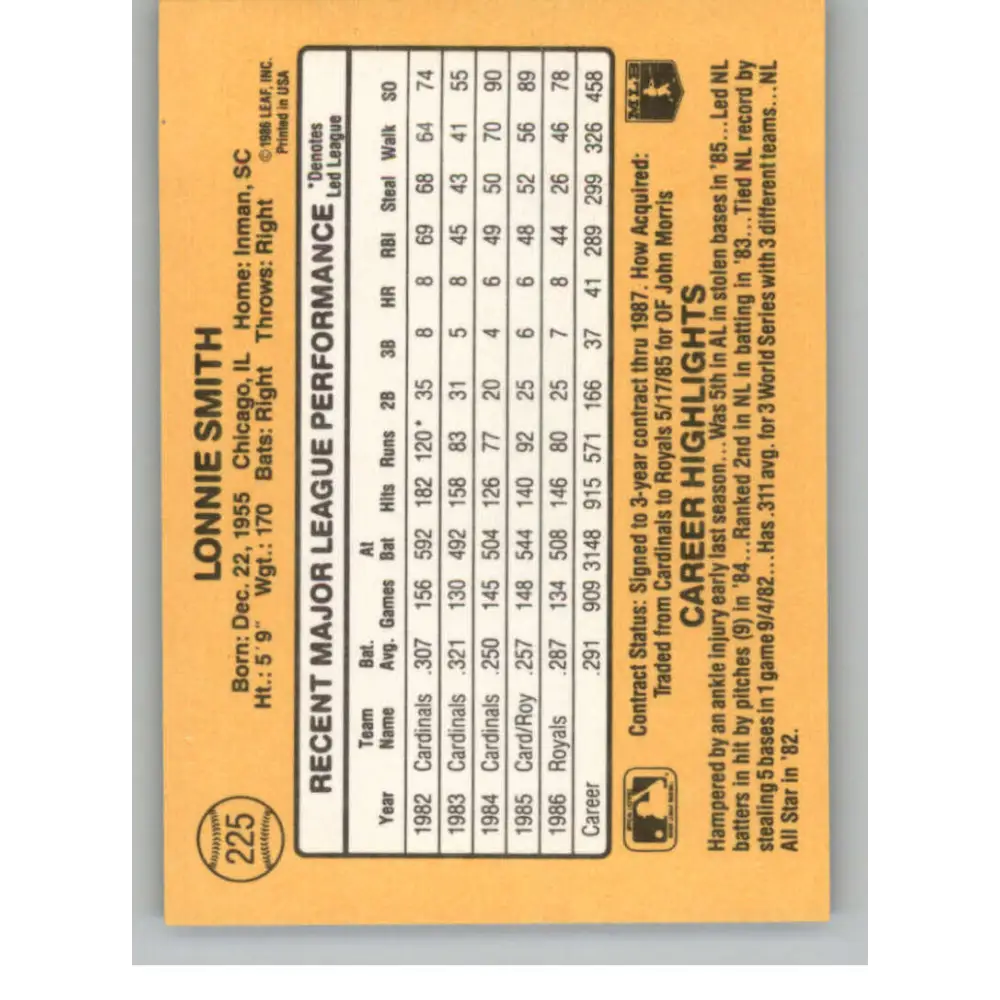 1987 Donruss #225 Lonnie Smith EX Excellent Kansas City Royals Baseball Card  Image 2