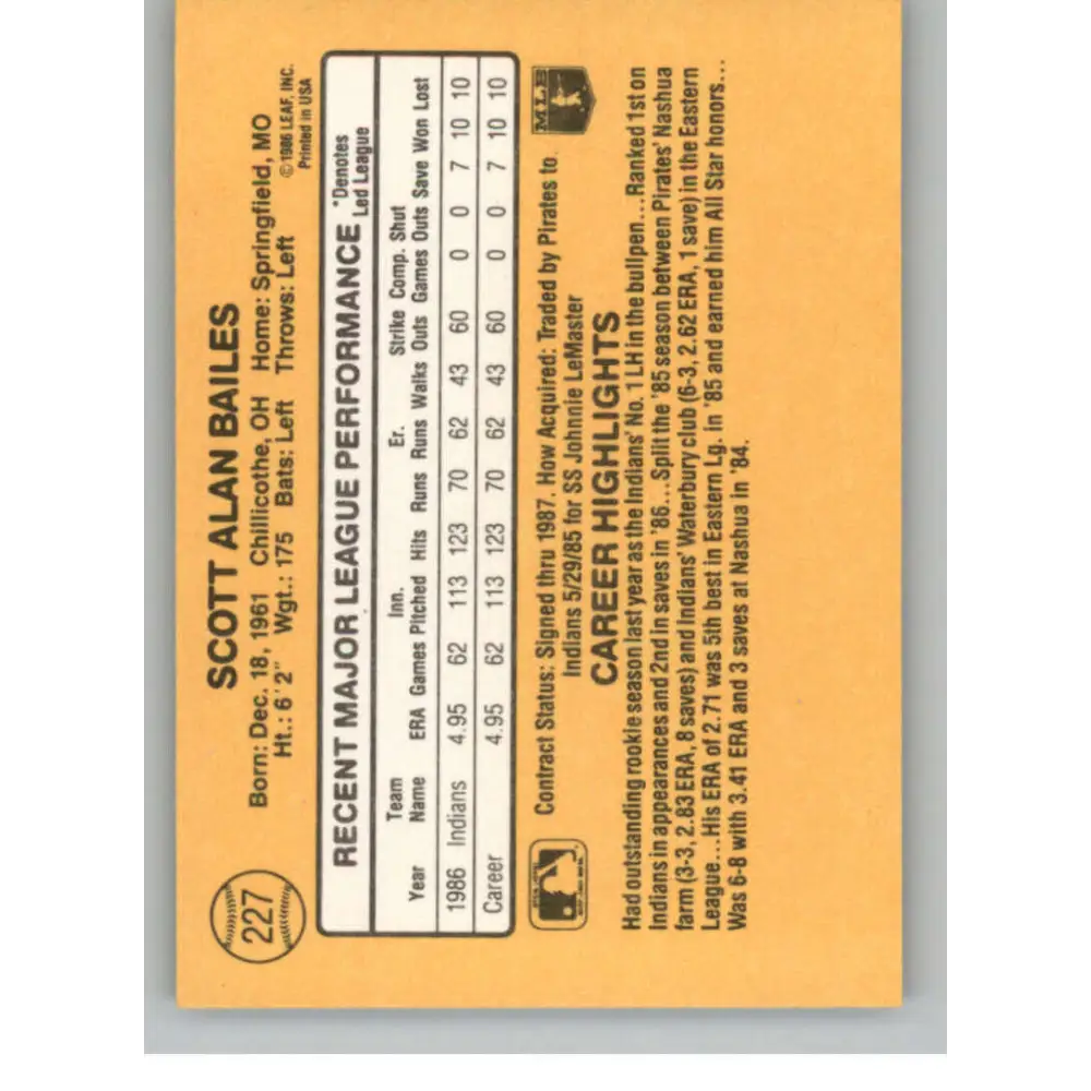 1987 Donruss #227 Scott Bailes EX Excellent RC Rookie Cleveland Indians Baseball Card  Image 2