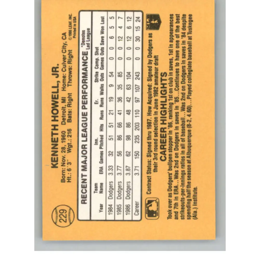 1987 Donruss #229 Ken Howell EX Excellent Los Angeles Dodgers Baseball Card  Image 2