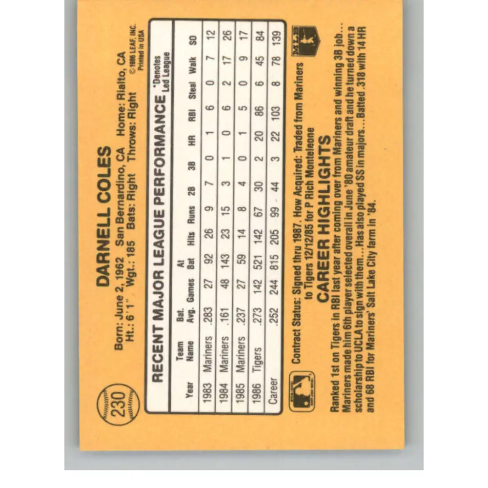 1987 Donruss #230 Darnell Coles EX Excellent Detroit Tigers Baseball Card  Image 2