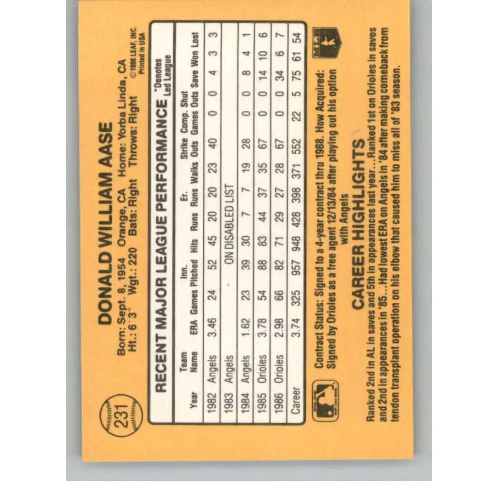 1987 Donruss #231 Don Aase EX Excellent Baltimore Orioles Baseball Card  Image 2