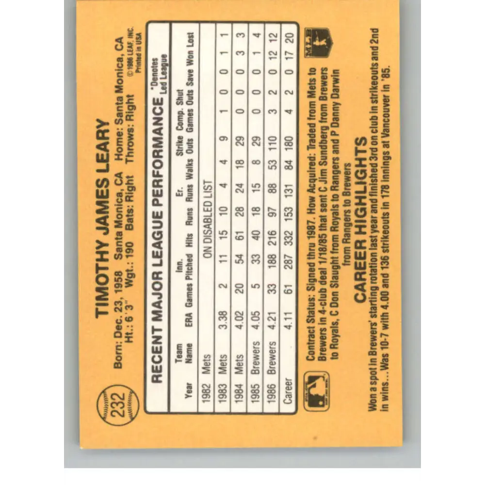 1987 Donruss #232 Tim Leary EX Excellent Milwaukee Brewers Baseball Card  Image 2