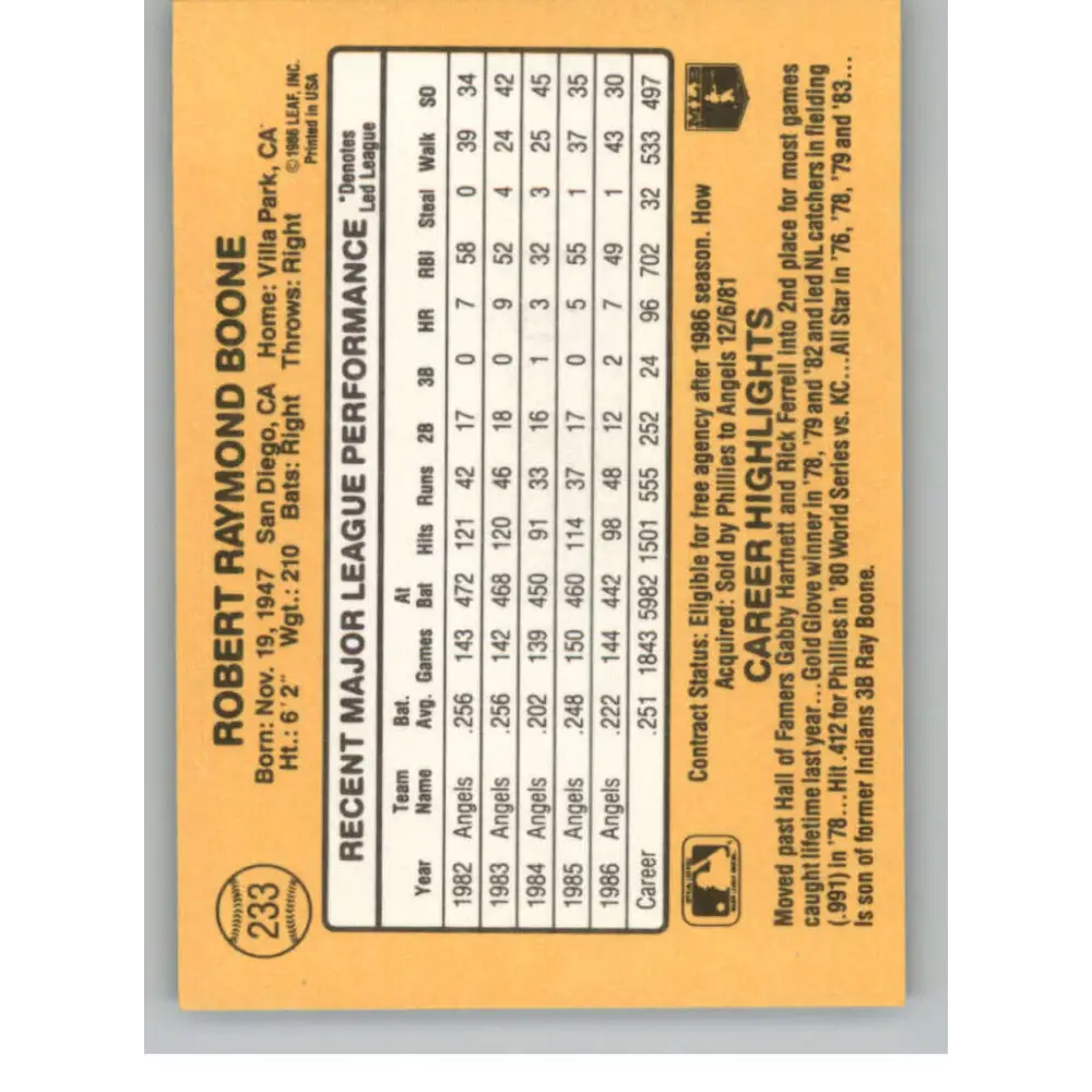 1987 Donruss #233 Bob Boone EX Excellent California Angels Baseball Card  Image 2