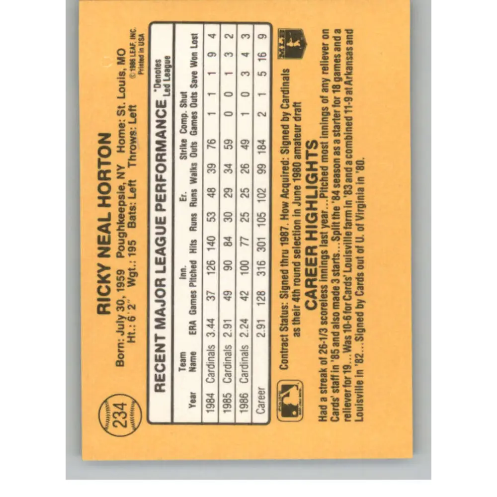 1987 Donruss #234 Ricky Horton EX St. Louis Cardinals Baseball Card Image 2