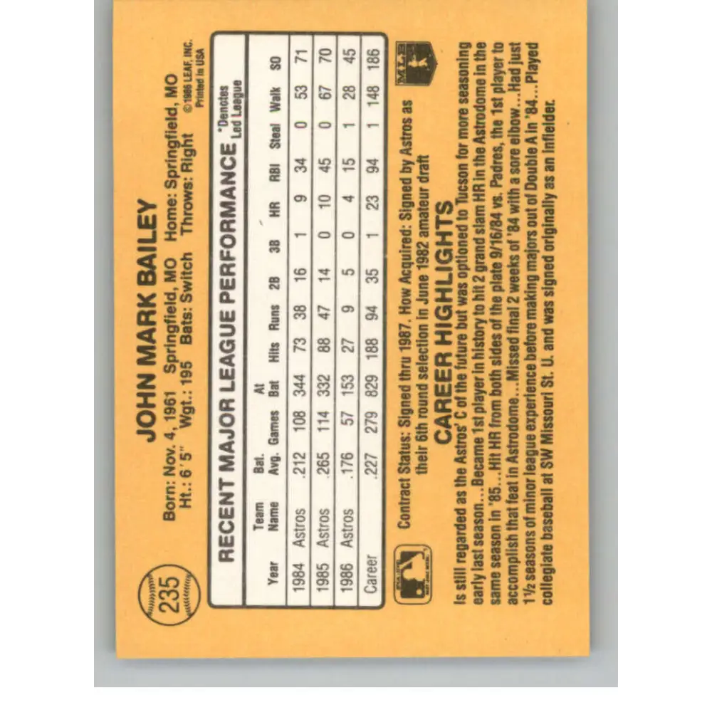 1987 Donruss #235 Mark Bailey EX Houston Astros Baseball Card Image 2