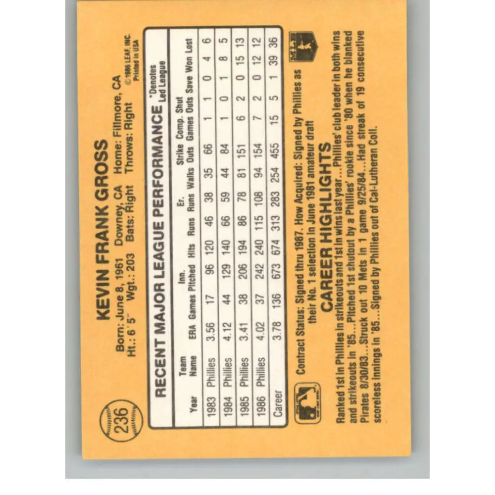 1987 Donruss #236 Kevin Gross EX Excellent Philadelphia Phillies Baseball Card  Image 2