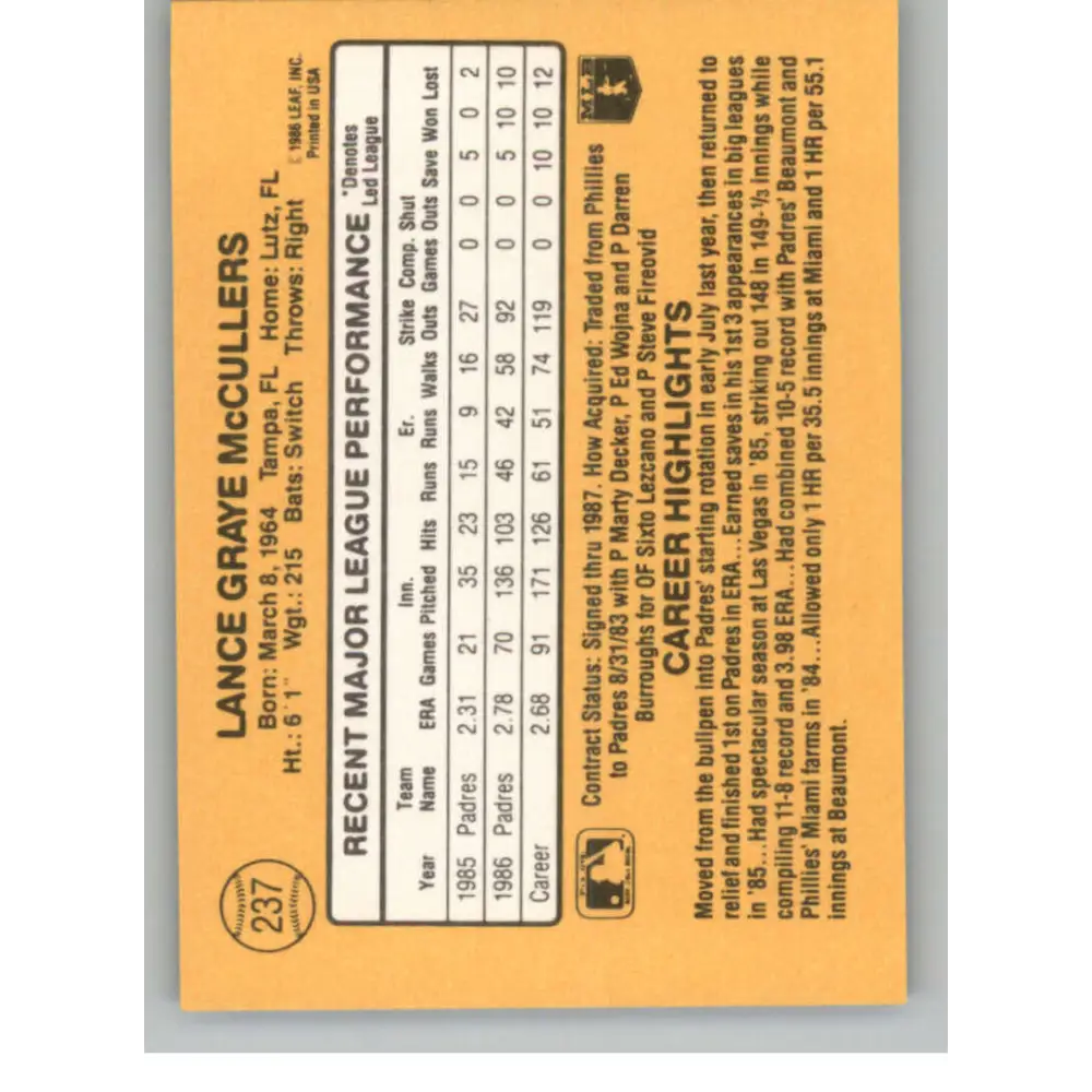 1987 Donruss #237 Lance McCullers EX Excellent San Diego Padres Baseball Card  Image 2