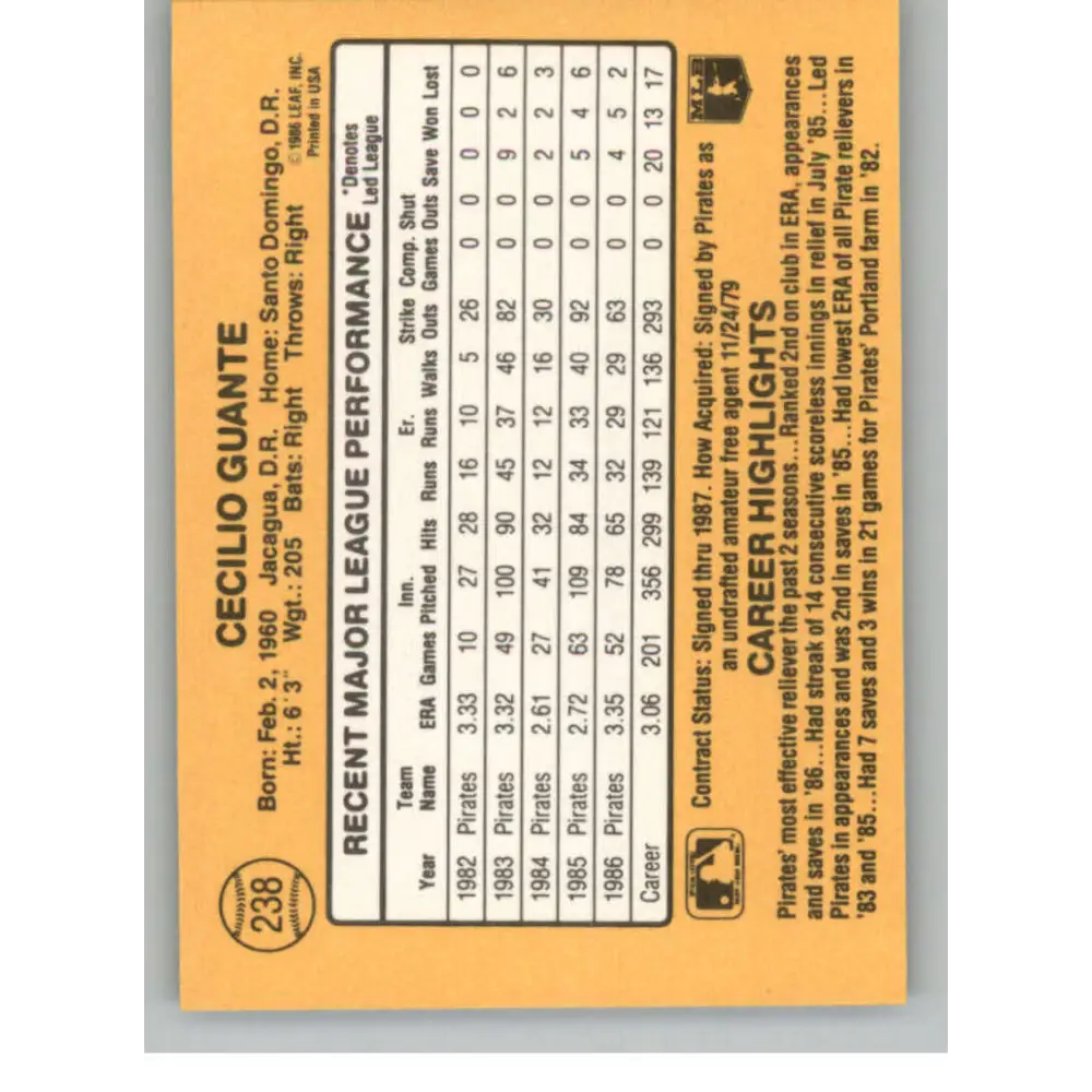 1987 Donruss #238 Cecilio Guante EX Excellent Pittsburgh Pirates Baseball Card  Image 2