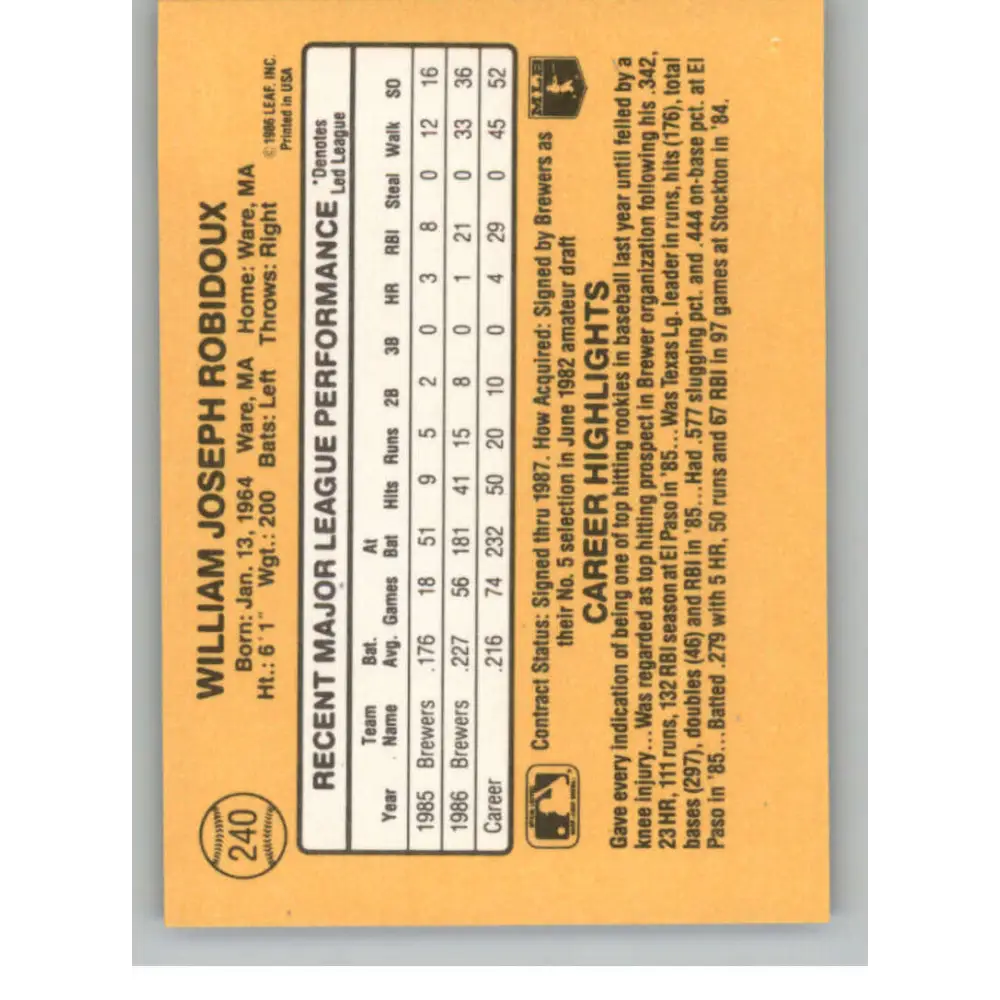 1987 Donruss #240 Billy Joe Robidoux EX Excellent Milwaukee Brewers Baseball Card  Image 2