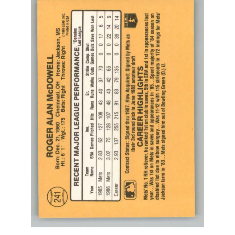1987 Donruss #241 Roger McDowell EX Excellent New York Mets Baseball Card  Image 2