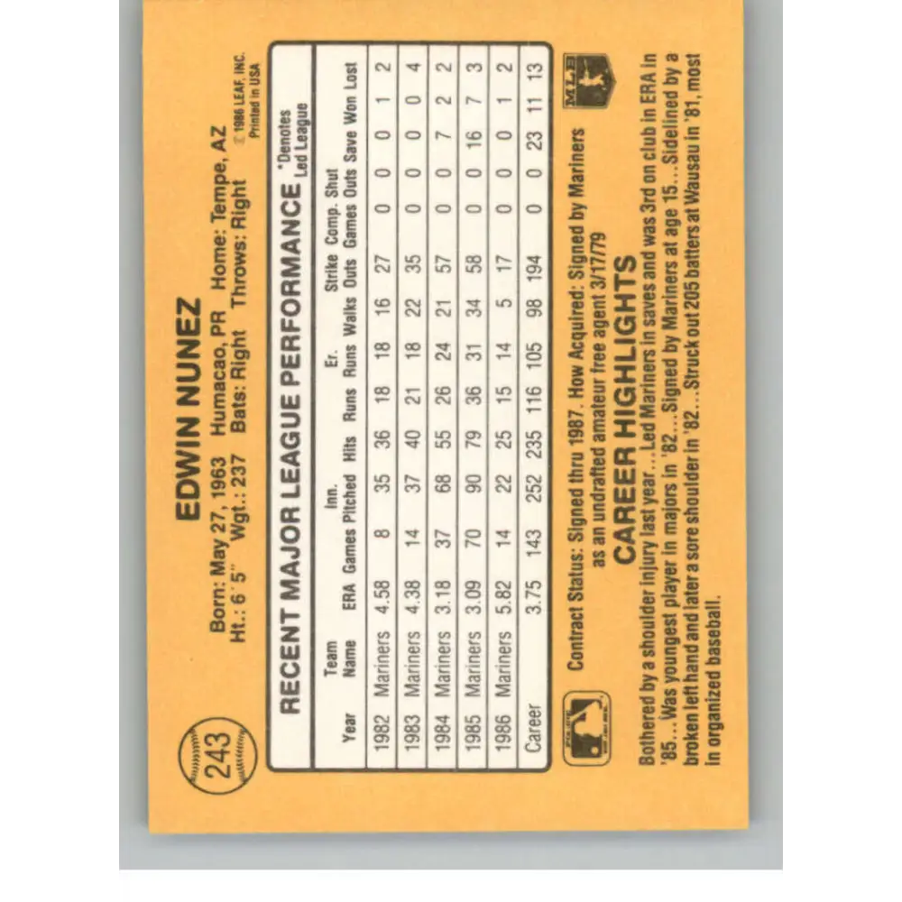1987 Donruss #243 Edwin Nunez EX Seattle Mariners Baseball Card Image 2