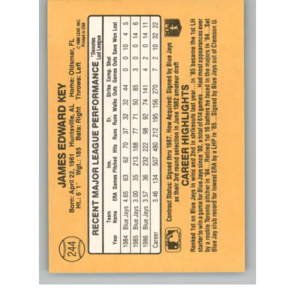 1987 Donruss #244 Jimmy Key EX Excellent Toronto Blue Jays Baseball Card  Image 2