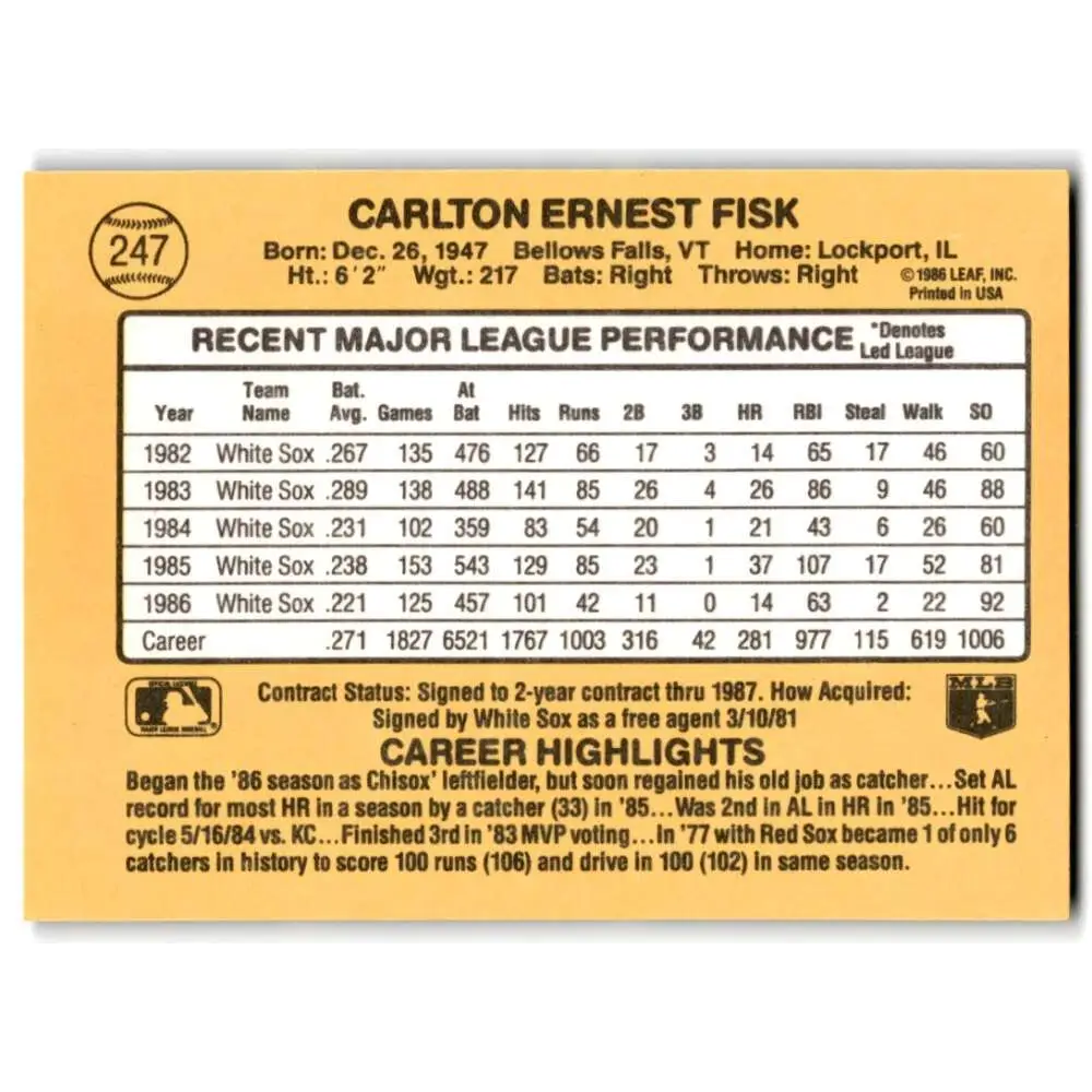 1987 Donruss #247 Carlton Fisk EX Excellent Chicago White Sox Baseball Card  Image 2