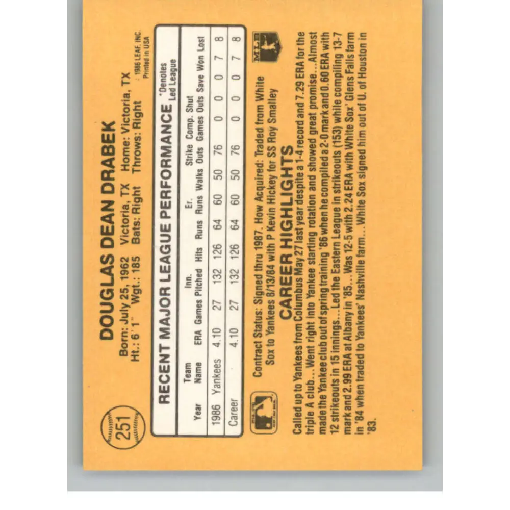 1987 Donruss #251 Doug Drabek EX Excellent RC Rookie New York Yankees Baseball Card  Image 2
