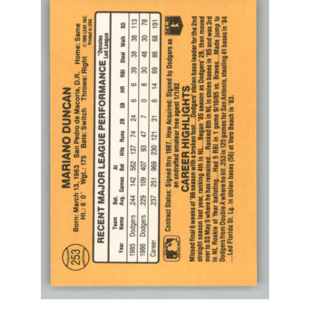 1987 Donruss #253 Mariano Duncan EX Excellent Los Angeles Dodgers Baseball Card  Image 2