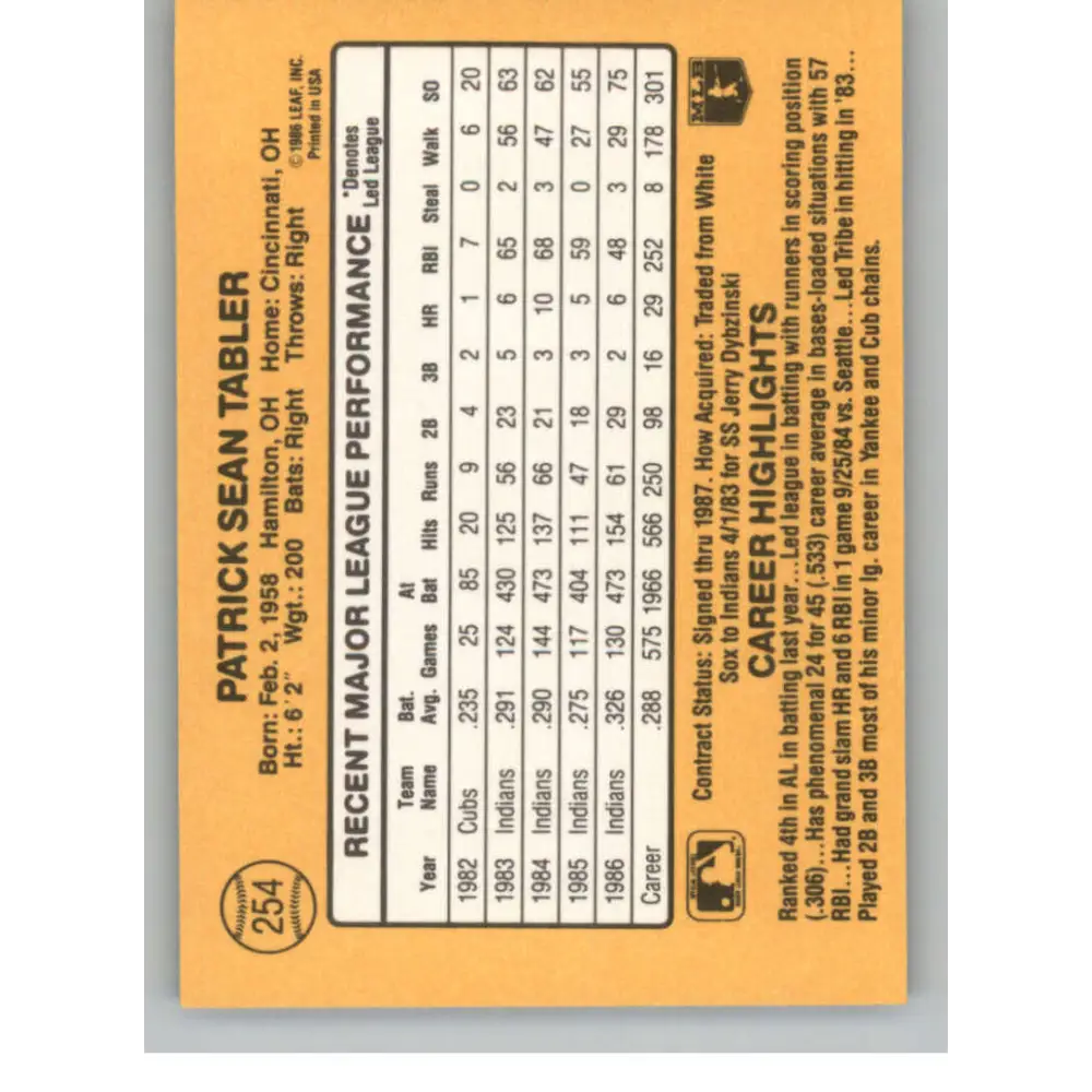 1987 Donruss #254 Pat Tabler EX Excellent Cleveland Indians Baseball Card  Image 2